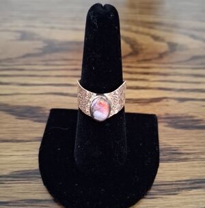 Ring Pink Dahlia Oval Stone Copper Cigar Band Ring Size 6